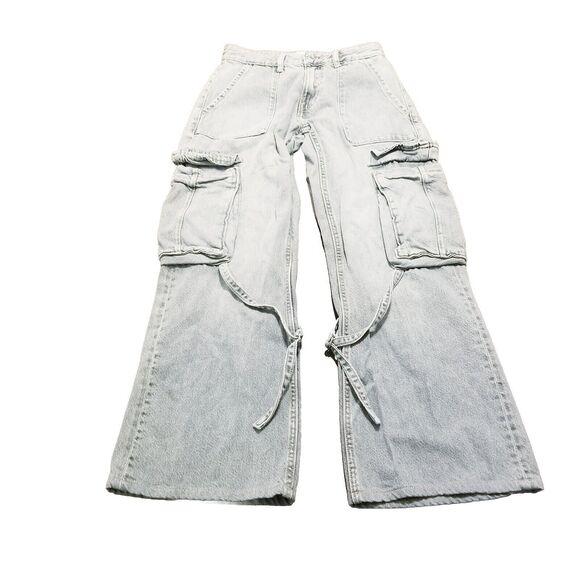 Zara Cargo Jeans Women Size 2 Gray Wide Leg Baggy Parachute Flap Pockets (26×28) - Picture 1 of 6